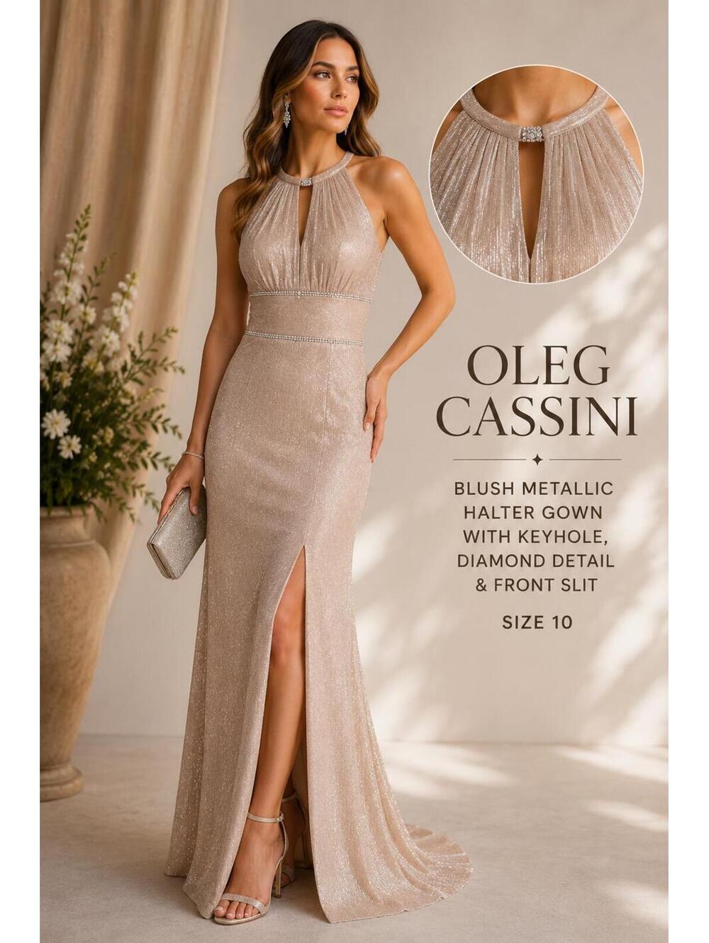 Oleg Cassini Blush Glitter Halter Column Gown Keyhole Formal Prom Dress 10